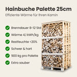 Lade das Bild in den Galerie-Viewer, Palette kammergetrocknetes gespalten Hainbuche Brennholz 25cm
